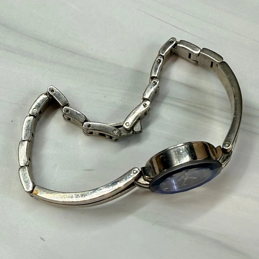 Armitron Diamond Now Womens Silver Tone Bangle Watch Blue Faceted Dial 75/2967